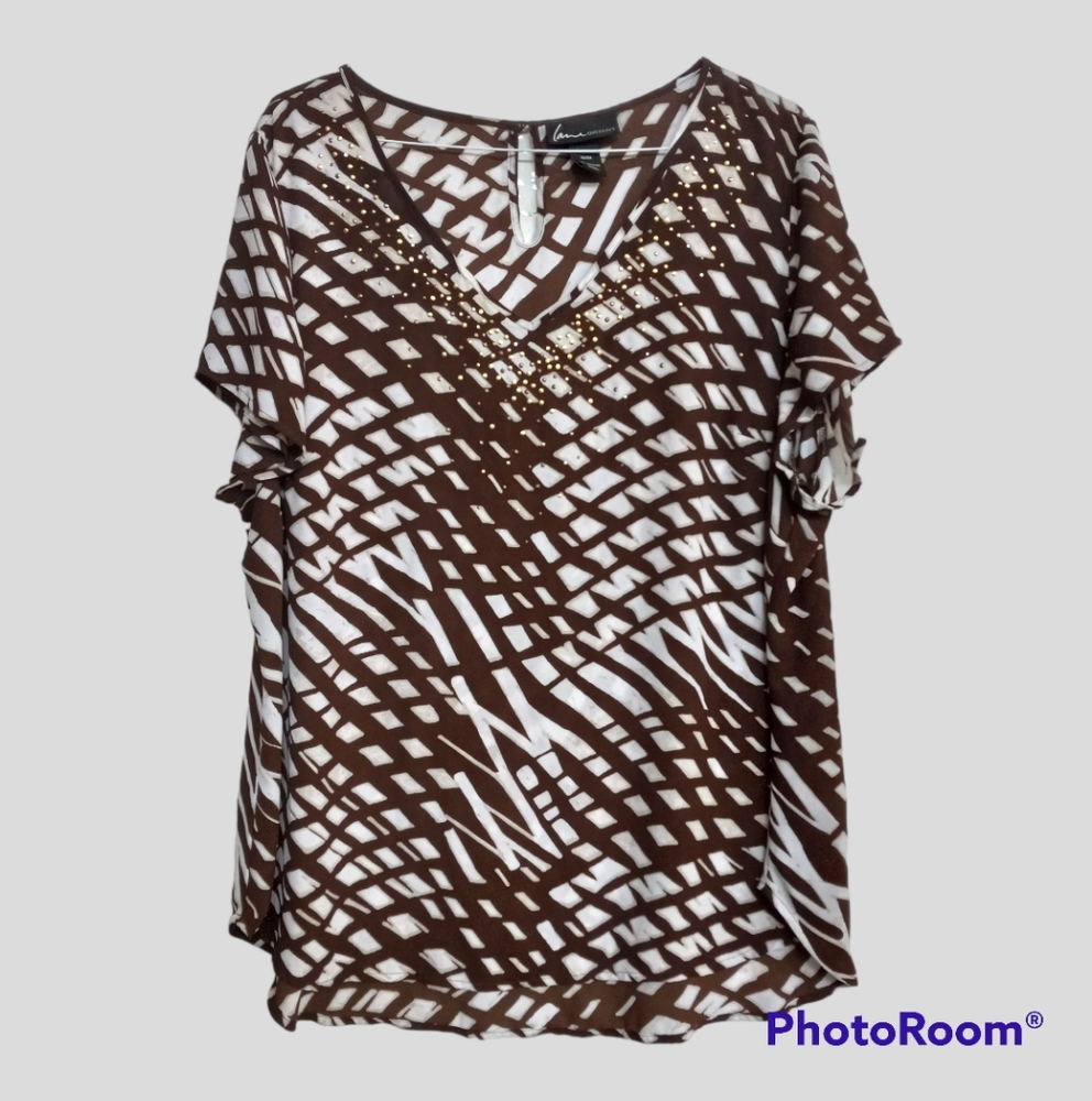 Lane Bryant 22/24 Brown Boho Blouse Gold Embellishments V-Neck Short Sleeve